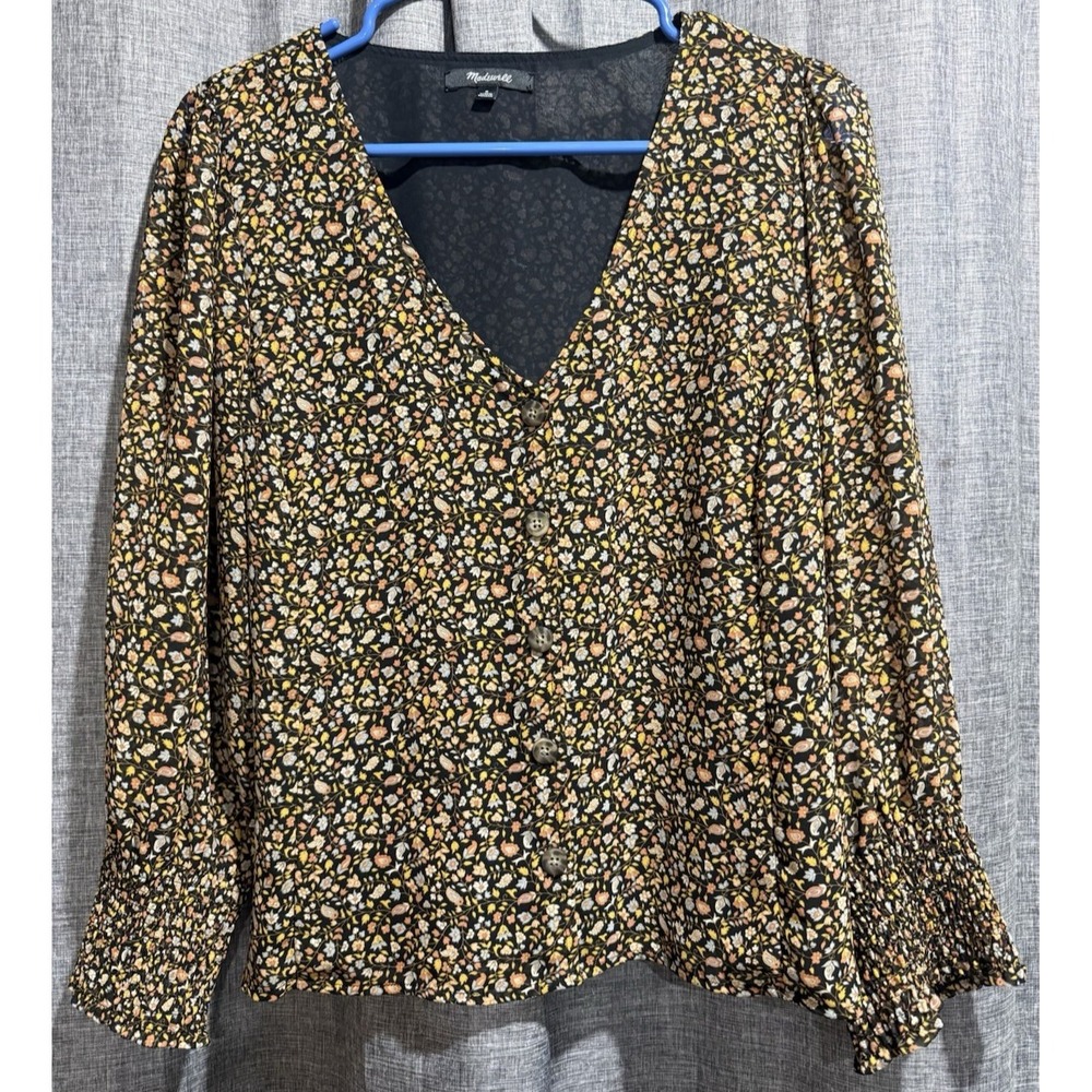 Madewell Women's Size S Lined Puff Sleeve Smocked Wrist Button Blouse V Neck